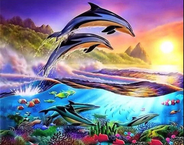 5D Diamond Painting Rainbow Colored Dolphins Kit