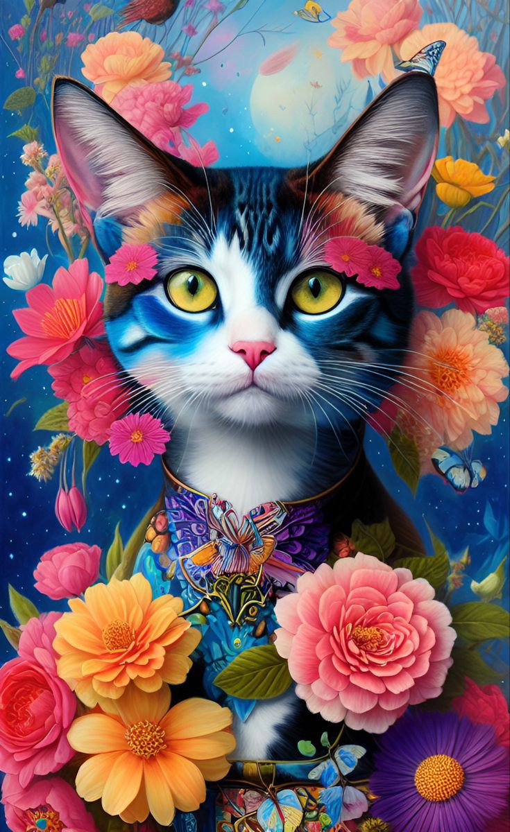 Elegant Floral Kitten Diamond Art
