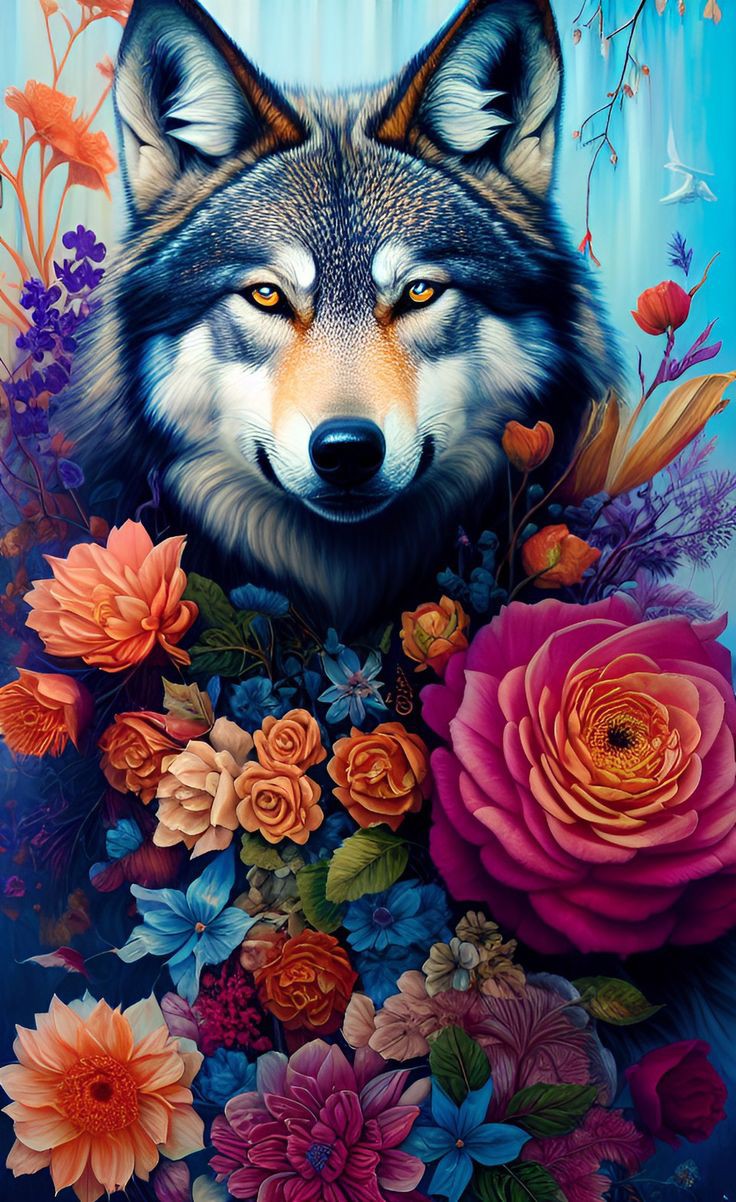 Floral Wolf Diamond Painting Kit