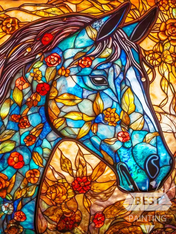 Mosaic Floral Blue Horse Diamond Art