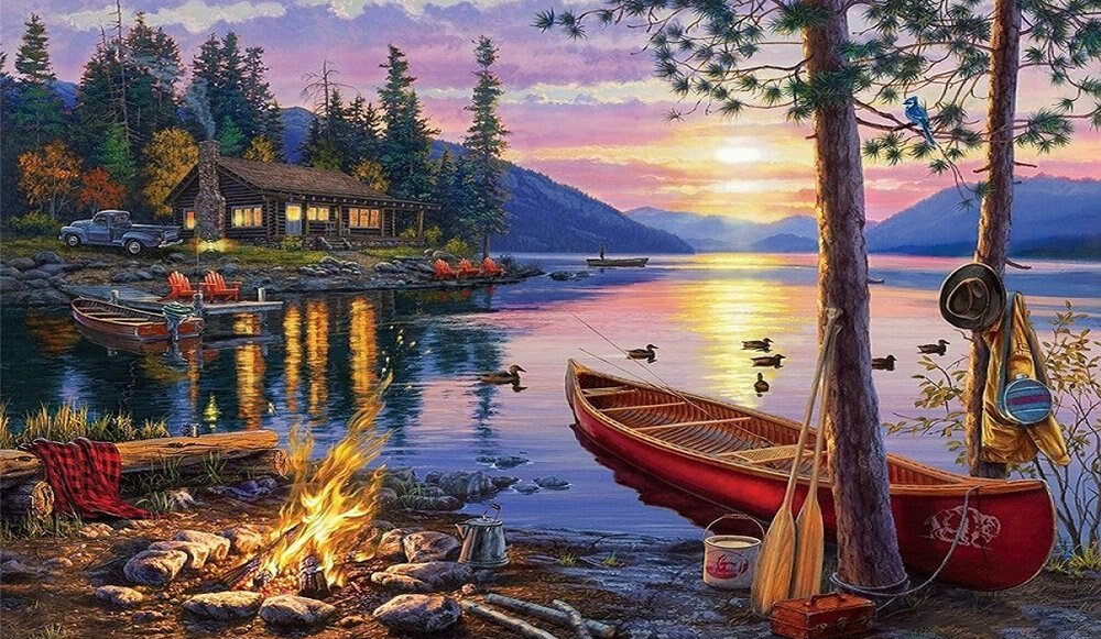 5D Diamond Painting Of Sunset Lake With Light Boat