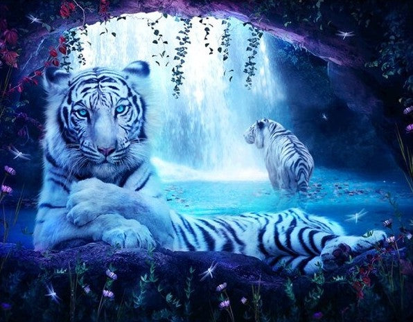Beautiful Tigers In Waterfall Best Diamond Bead Art