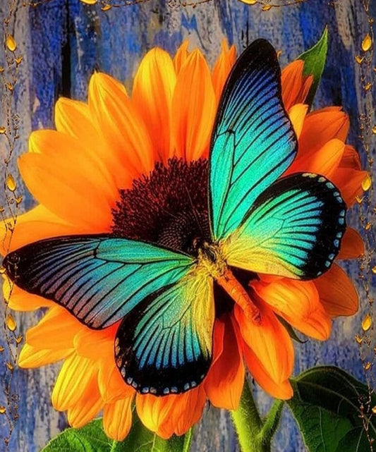 Diamantgemälde „Schmetterling auf Sonnenblume“.