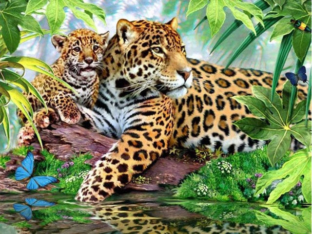 Leopard With Cub 5D Diamond Bead Art