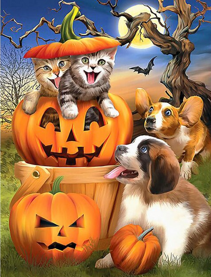 Moonlight Pumpkin Cats And Dogs 5D Diamond Painting