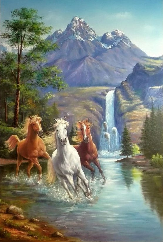 Running Horses In Lake Diamond Bead Art