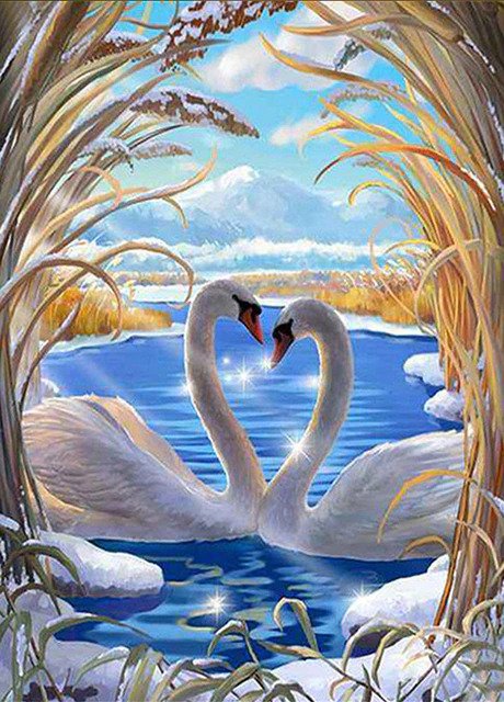 Swan Love Birds In Lake Diamond Bead Art