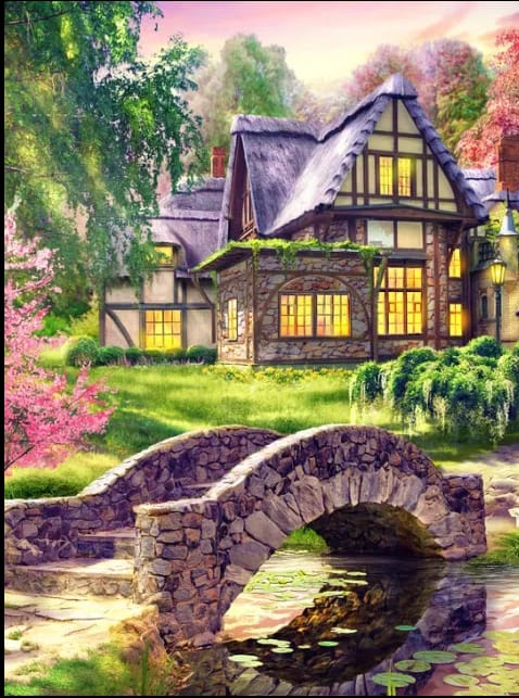 The Cottage With Garden Pond Diamond Painting