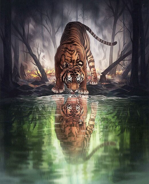 Tiger Reflection In Lake 5D Diamond Bead Art