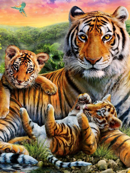 Tigerin mit Jungen – Tier-Diamantgemälde 