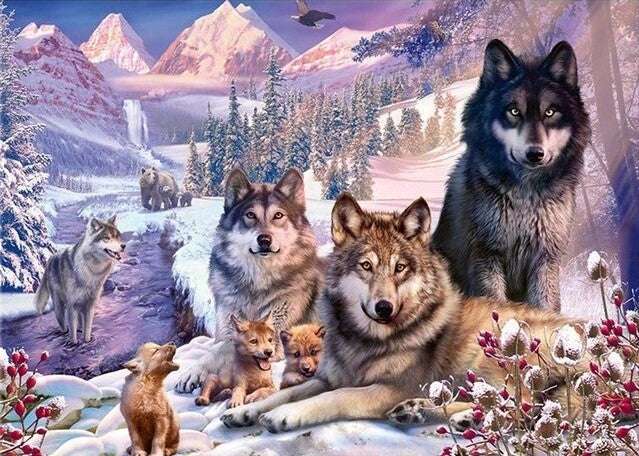 Winter Wolves With Cubs 5D Diamond Bead Art